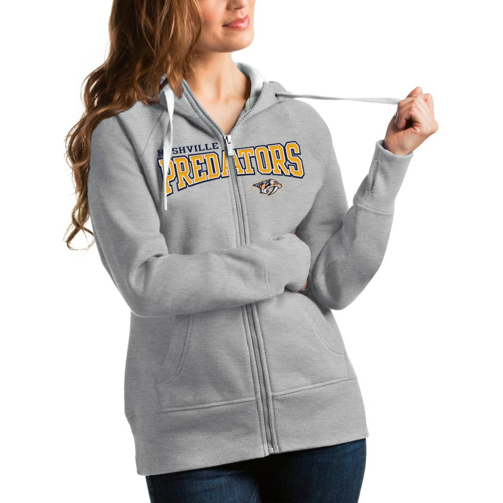 Nashville Predators Antigua Women's Wordmark Victory Full-Zip Hoodie - Heathered Gray | US 4627295