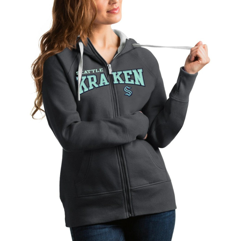 Seattle Kraken Antigua Women's Wordmark Victory Full-Zip Hoodie - Charcoal | US 4627337