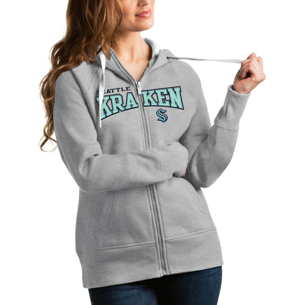 Seattle Kraken Antigua Women's Wordmark Victory Full-Zip Hoodie - Heathered Gray | US 4627338
