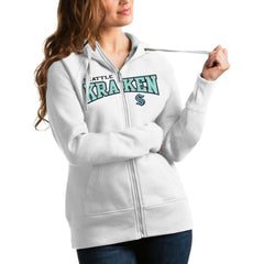Seattle Kraken Antigua Women's Wordmark Victory Full-Zip Hoodie - White | US 4627340