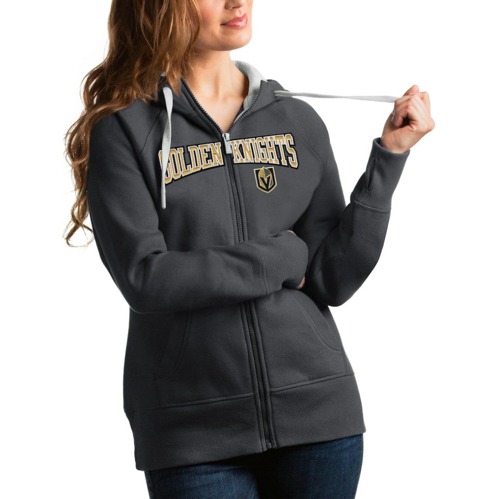 Vegas Golden Knights Antigua Women's Wordmark Victory Full-Zip Hoodie - Charcoal | US 4627366