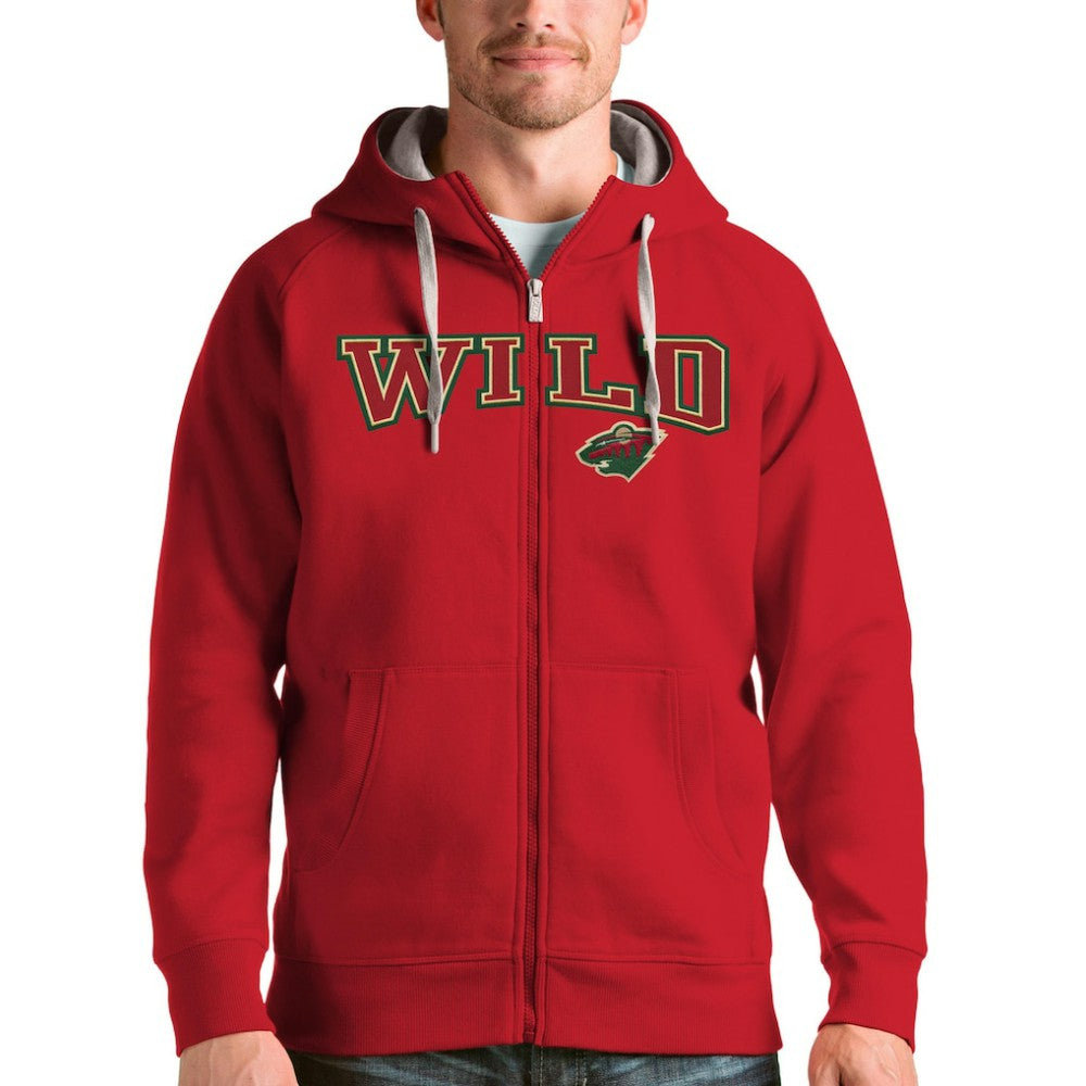 Minnesota Wild Antigua Wordmark Victory Full-Zip Hoodie - Red | US 4636906