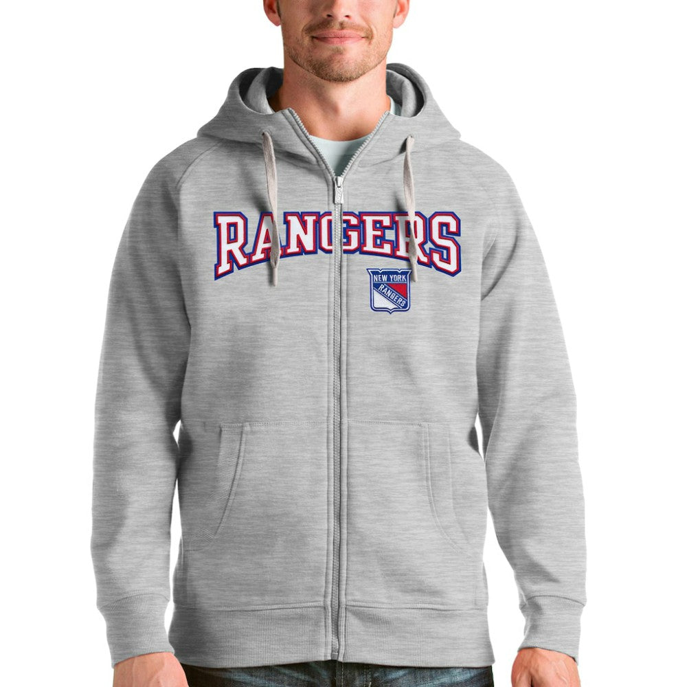 New York Rangers Antigua Wordmark Victory Full-Zip Hoodie - Heathered Gray | US 4636935