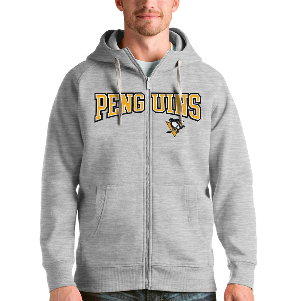 Pittsburgh Penguins Antigua Wordmark Victory Full-Zip Hoodie - Heathered Gray | US 4636953