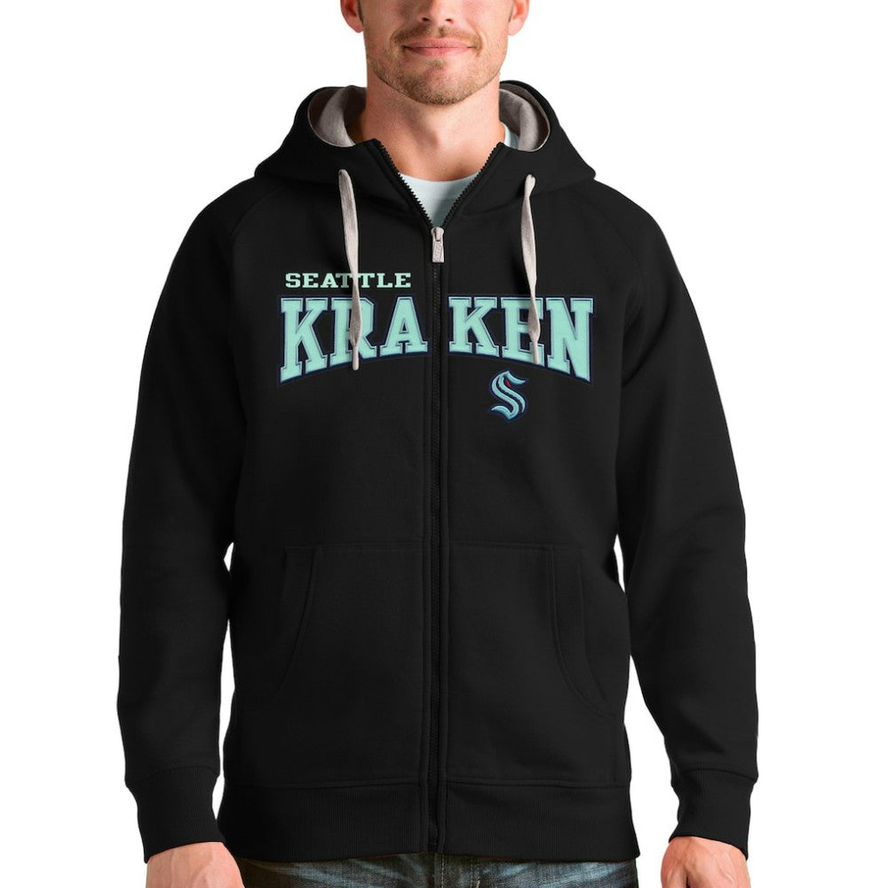 Seattle Kraken Antigua Wordmark Victory Full-Zip Hoodie - Black | US 4636959