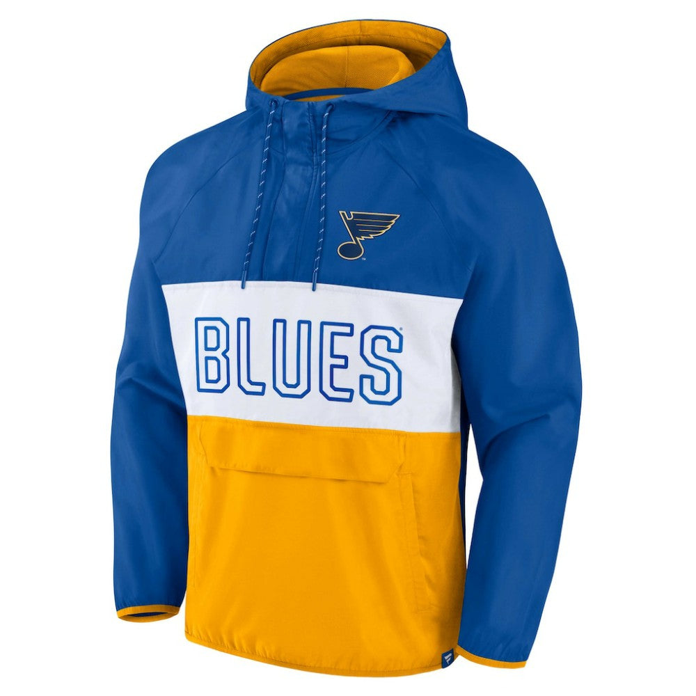 St. Louis Blues Fanatics Backhand Shooter Defender Anorak Raglan Hoodie Quarter-Zip Jacket - Blue/Gold | US 4641654
