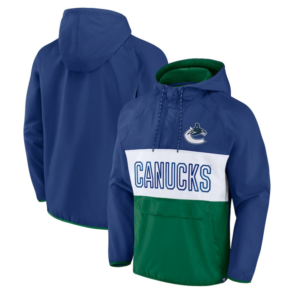Vancouver Canucks Fanatics Backhand Shooter Defender Anorak Raglan Hoodie Quarter-Zip Jacket - Blue/Green | US 4641674