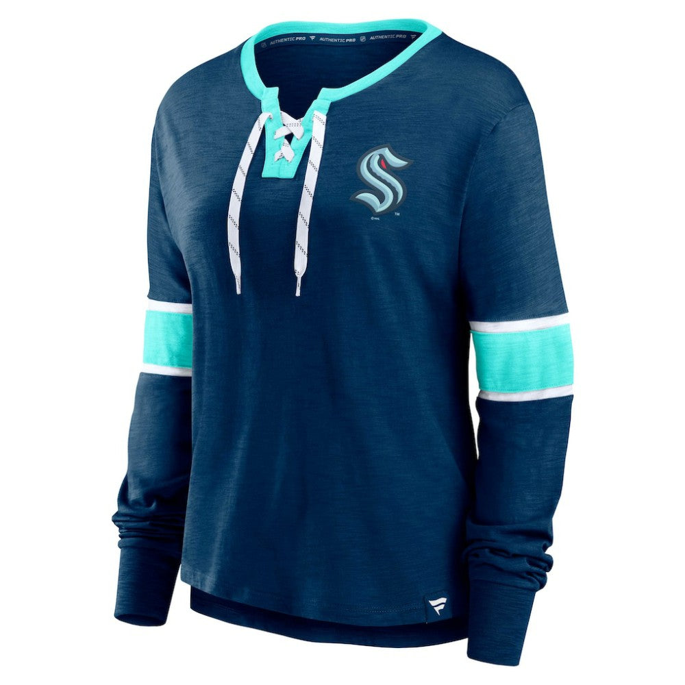 Seattle Kraken Fanatics Women's Effervescent Exclusive Notch Neck Lace-Up Long Sleeve Slub T-Shirt - Navy | US 4641942