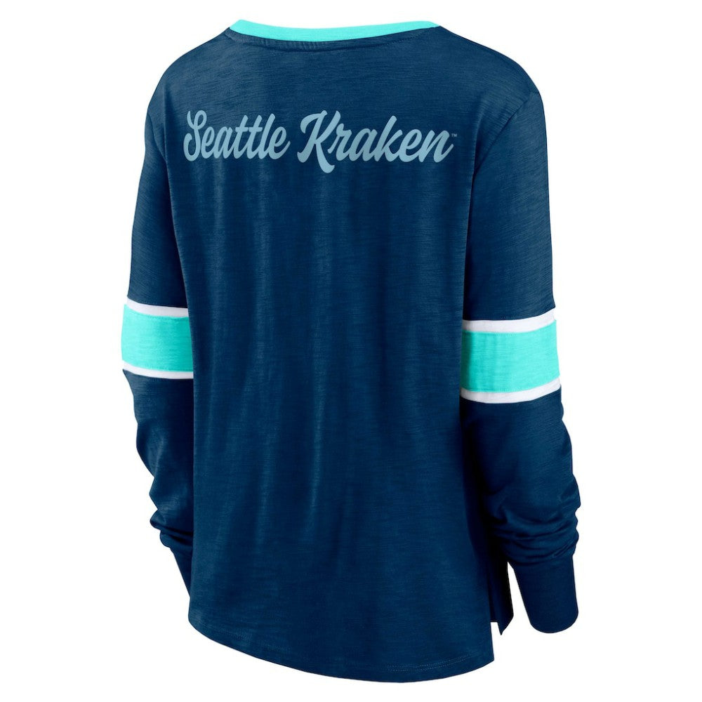 Seattle Kraken Fanatics Women's Effervescent Exclusive Notch Neck Lace-Up Long Sleeve Slub T-Shirt - Navy | US 4641942