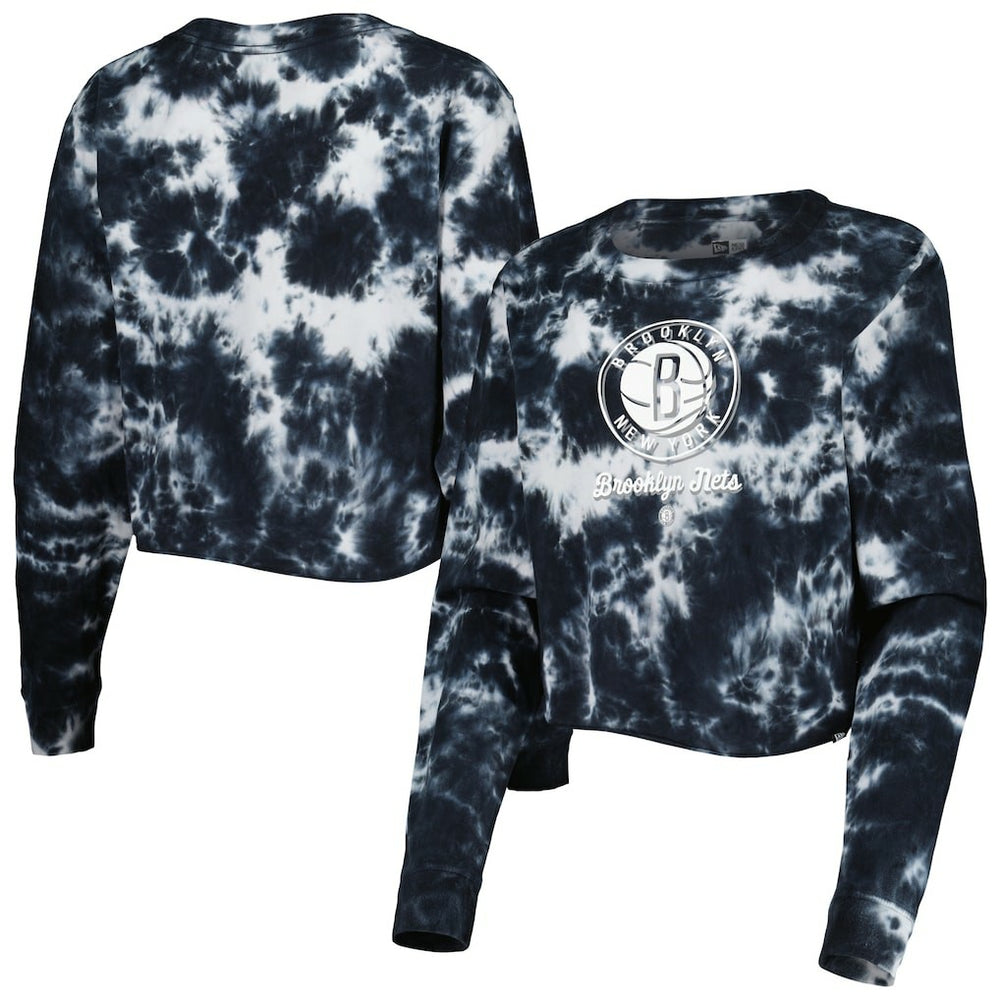 Brooklyn Nets Women's Tie Dye Cropped Long Sleeve T-Shirt Black - New Era
