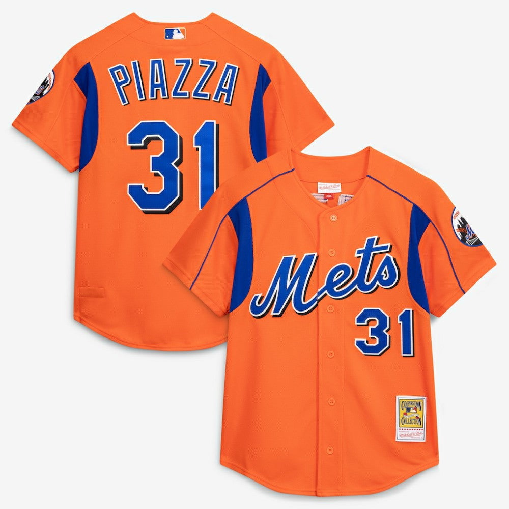 Mike Piazza New York Mets Mitchell & Ness Cooperstown Collection Mesh Batting Practice Button-Up Jersey - Orange Jerseys