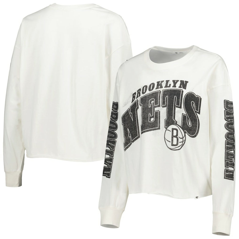 Brooklyn Nets '47 Women's Parkway Brush Back Long Sleeve Cropped T-Shirt Cream - 47 brand outlet