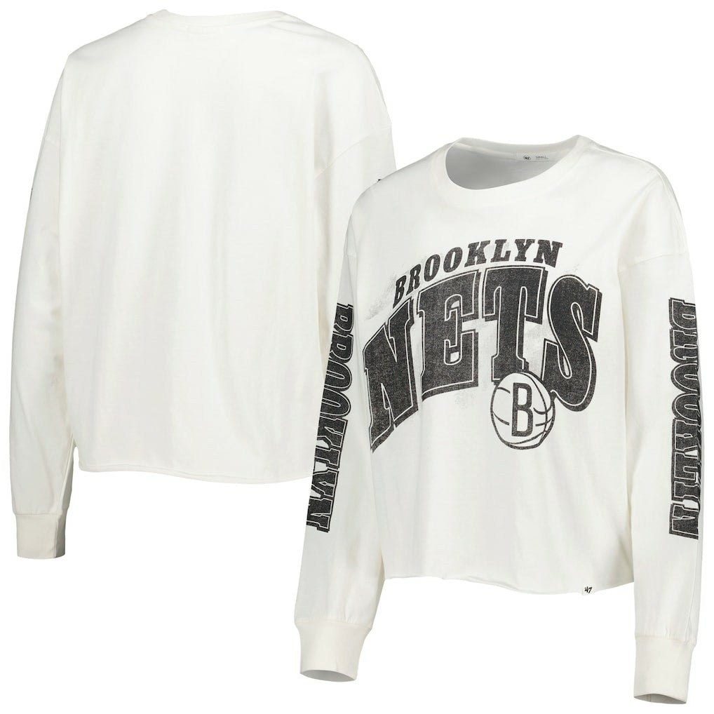 Brooklyn Nets '47 Women's Parkway Brush Back Long Sleeve Cropped T-Shirt Cream - 47 brand outlet