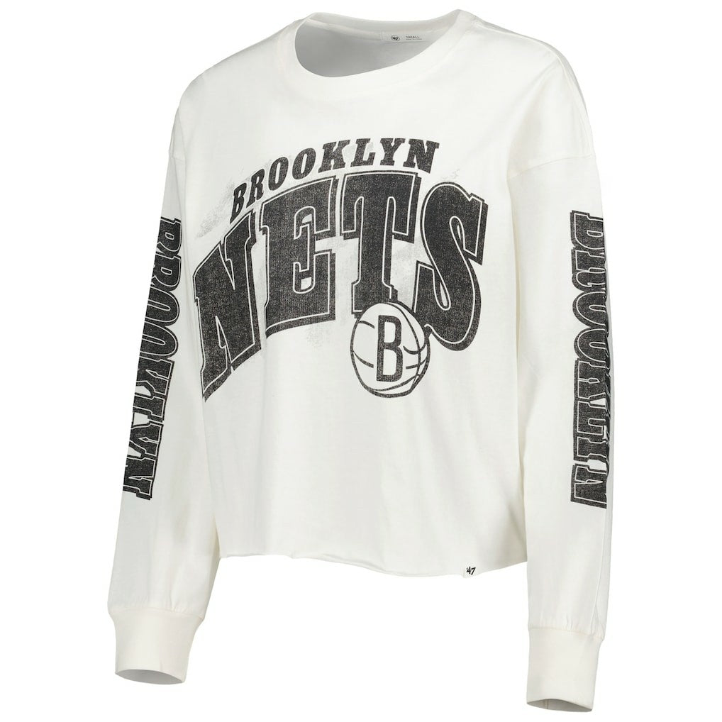 Brooklyn Nets '47 Women's Parkway Brush Back Long Sleeve Cropped T-Shirt Cream - 47 brand outlet