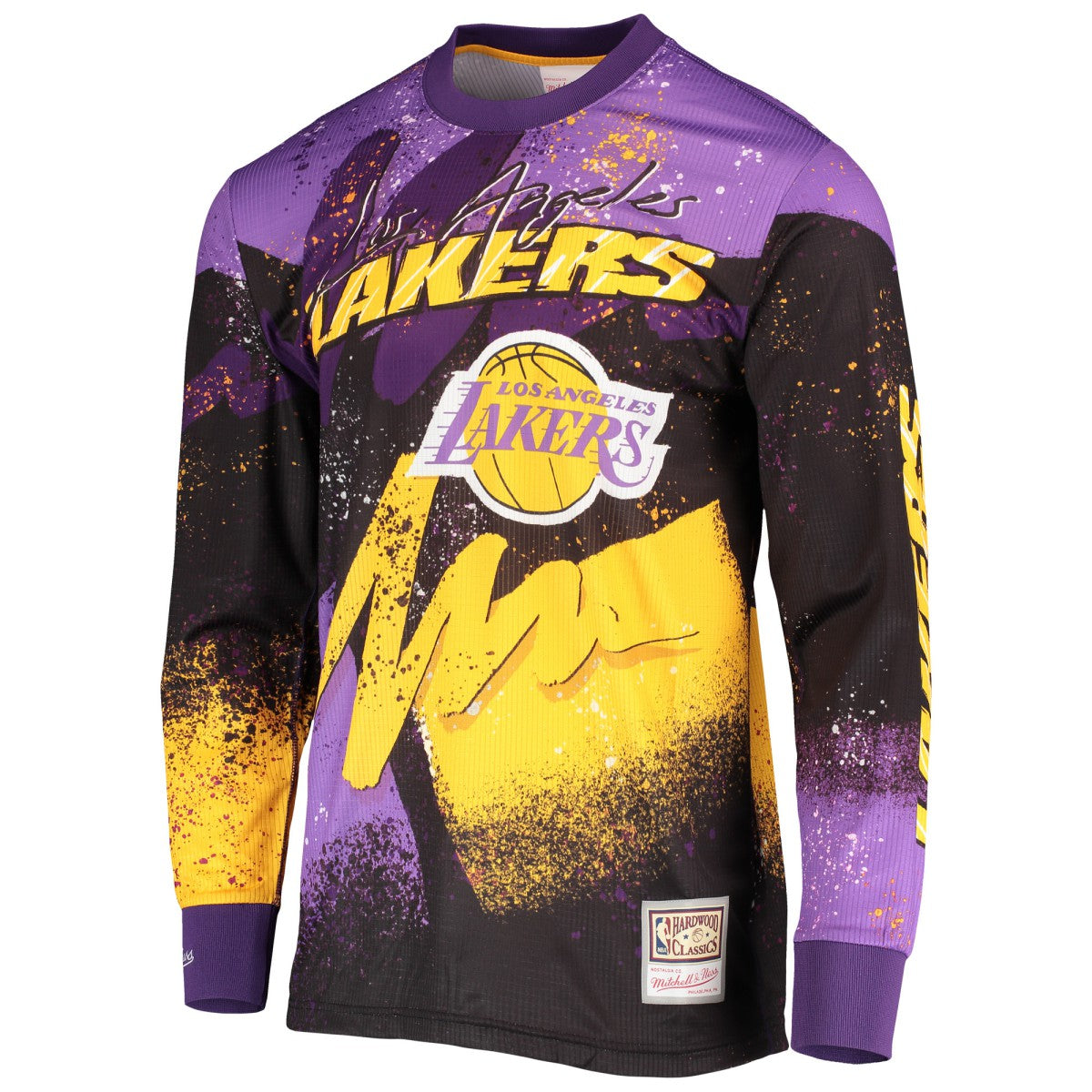 Los Angeles Lakers Hardwood Classics Hyper Hoops Moto Sublimated Long Sleeve T-Shirt Purple - Mitchell & Ness