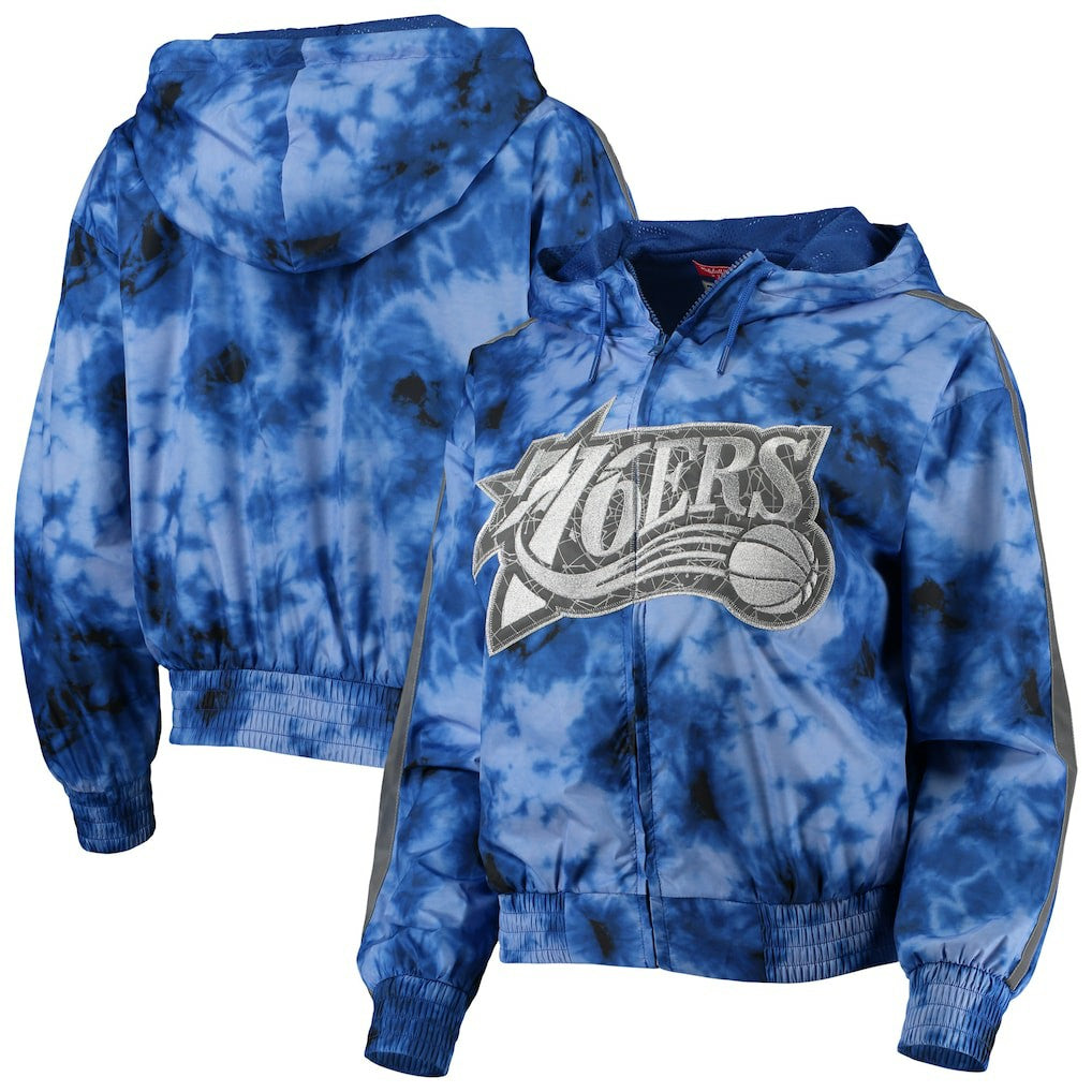 Philadelphia 76ers Women's Galaxy Sublimated Windbreaker Pullover Full-Zip Hoodie Royal - Mitchell & Ness
