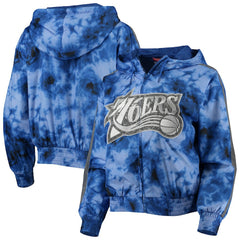 Philadelphia 76ers Women's Galaxy Sublimated Windbreaker Pullover Full-Zip Hoodie Royal - Mitchell & Ness