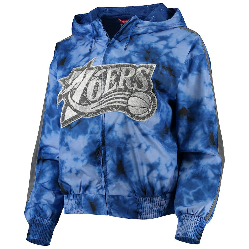 Philadelphia 76ers Women's Galaxy Sublimated Windbreaker Pullover Full-Zip Hoodie Royal - Mitchell & Ness
