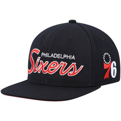Philadelphia 76ers Hardwood Classics Script 2.0 Snapback Hat Black - Mitchell & Ness