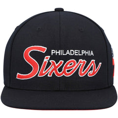 Philadelphia 76ers Hardwood Classics Script 2.0 Snapback Hat Black - Mitchell & Ness
