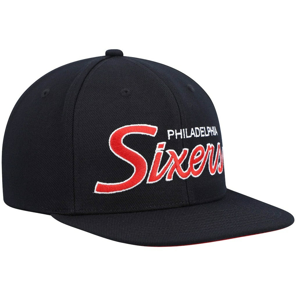 Philadelphia 76ers Hardwood Classics Script 2.0 Snapback Hat Black - Mitchell & Ness