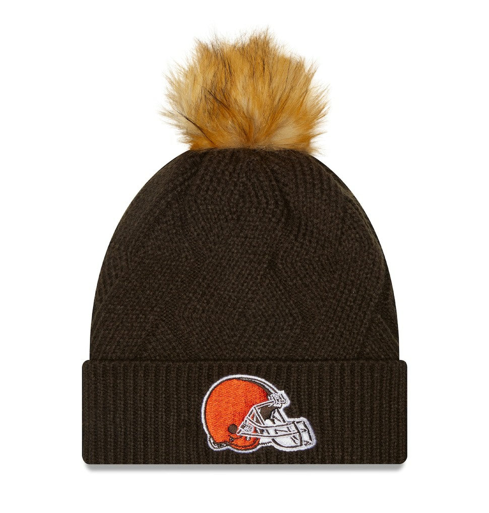 Cleveland Browns New Era Women's Snowy Cuffed Knit Hat with Pom - Brown Hats