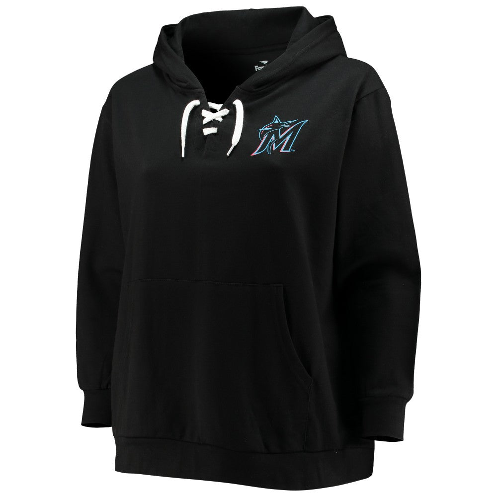Miami Marlins Women's Plus Size Lace-Up V-Neck Pullover Hoodie - Black Hoodies