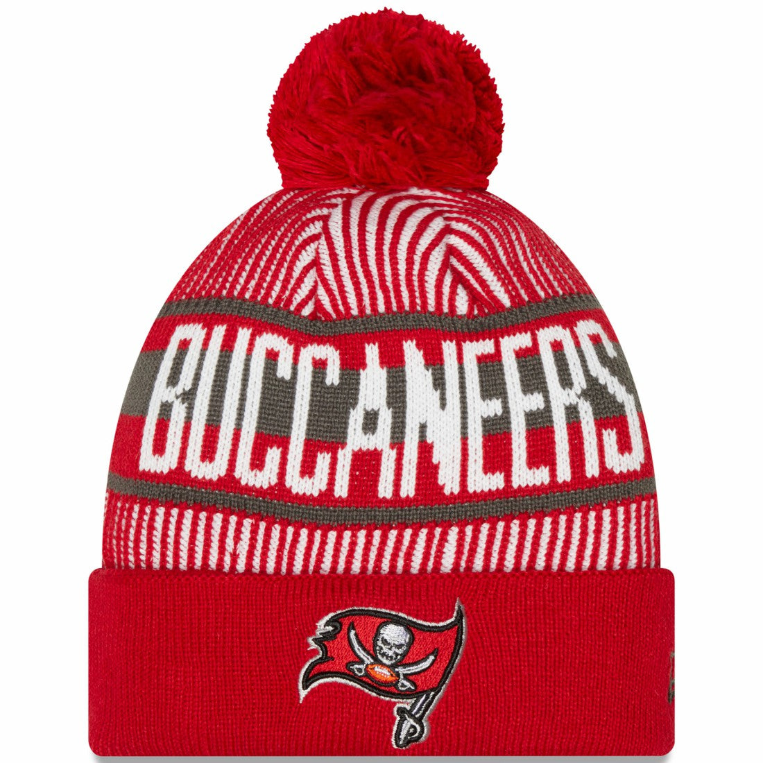 Tampa Bay Buccaneers New Era Striped Cuffed Knit Hat with Pom - Red Hats