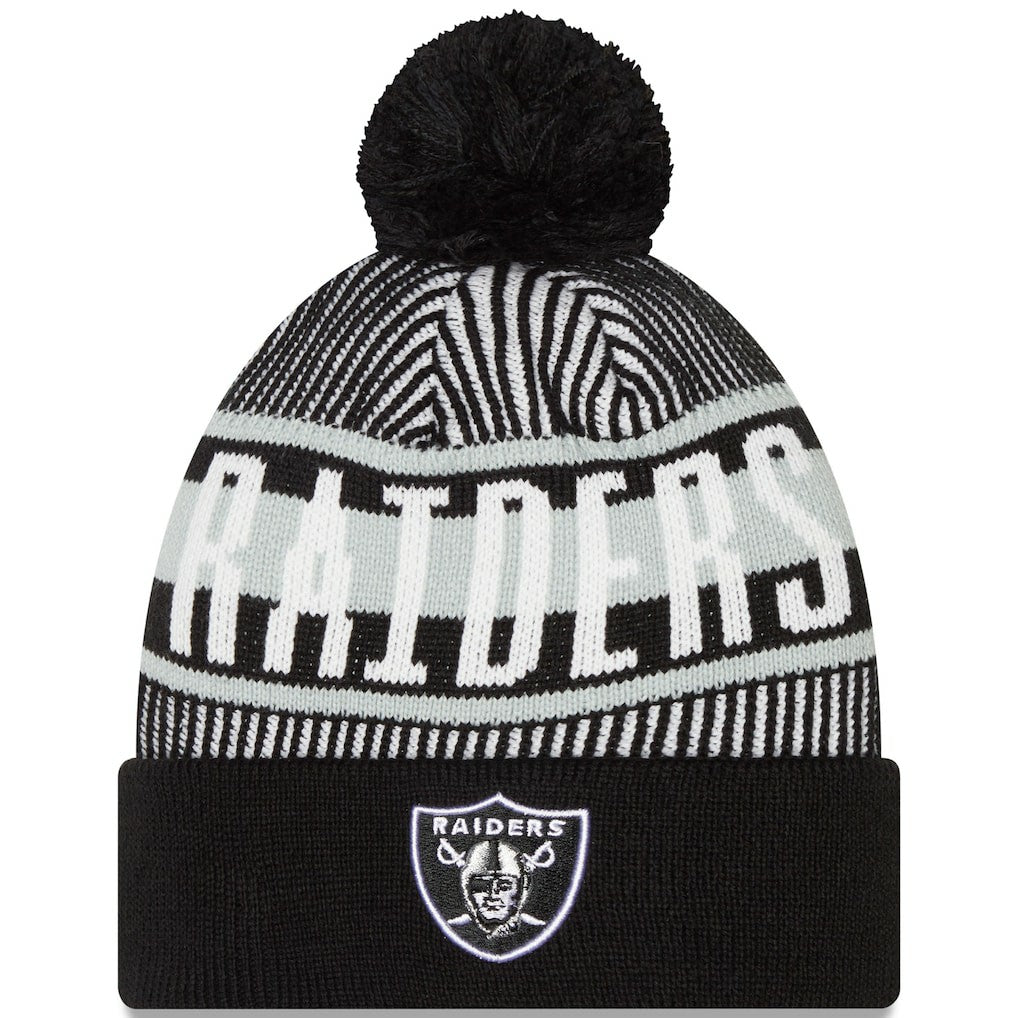 Las Vegas Raiders New Era Striped Cuffed Knit Hat with Pom - Black Hats
