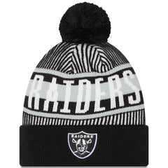 Las Vegas Raiders New Era Striped Cuffed Knit Hat with Pom - Black Hats