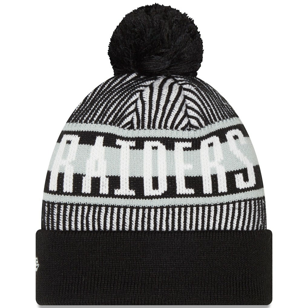 Las Vegas Raiders New Era Striped Cuffed Knit Hat with Pom - Black Hats