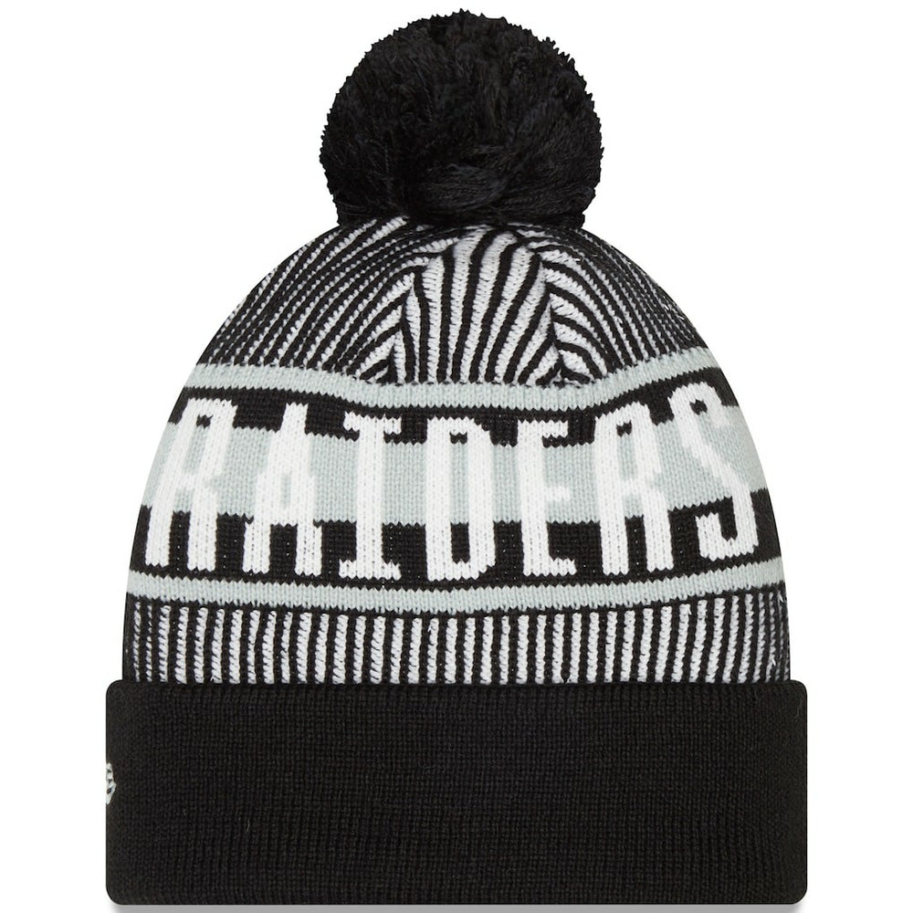 Las Vegas Raiders New Era Striped Cuffed Knit Hat with Pom - Black Hats