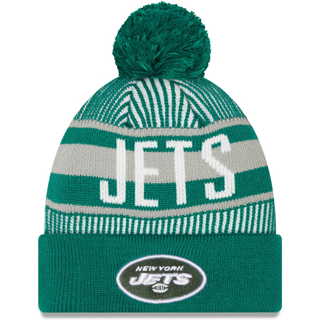 New York Jets New Era Striped Cuffed Knit Hat with Pom - Green Hats