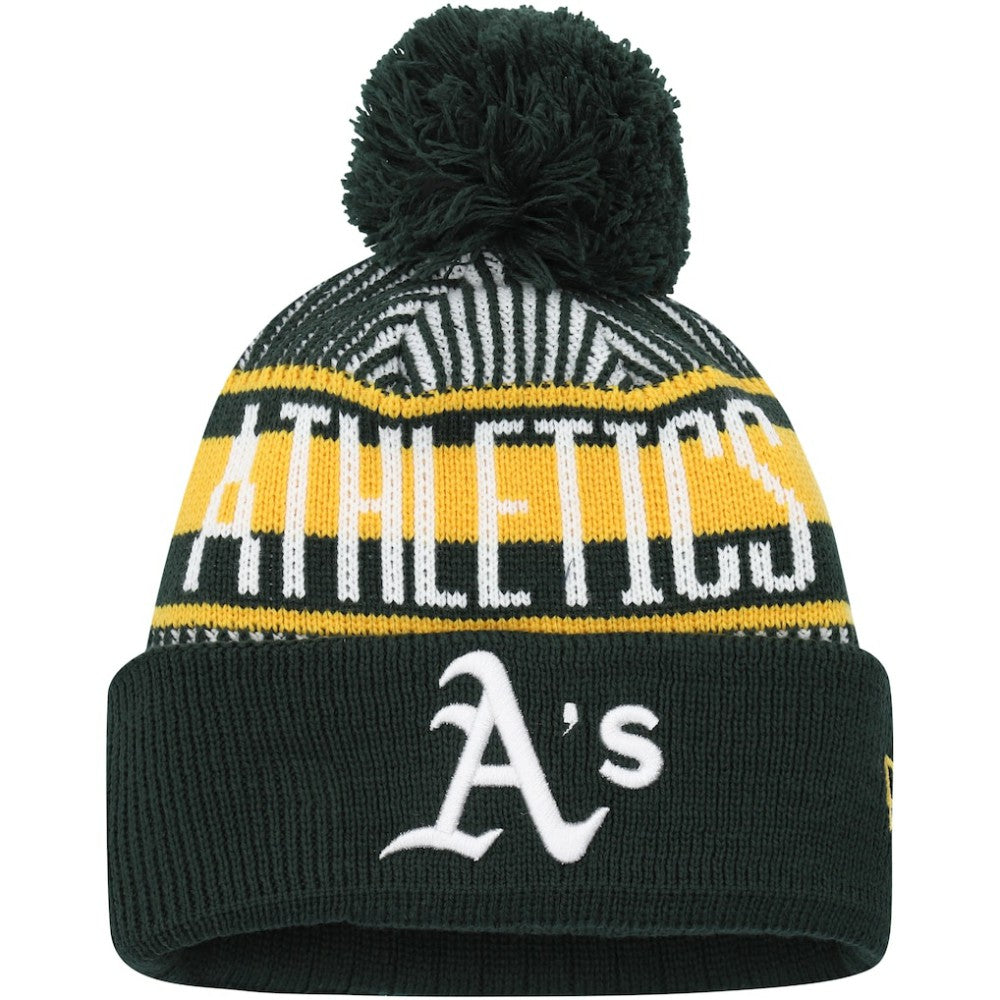 Athletics New Era Youth Striped Cuffed Knit Hat with Pom - Green Hats