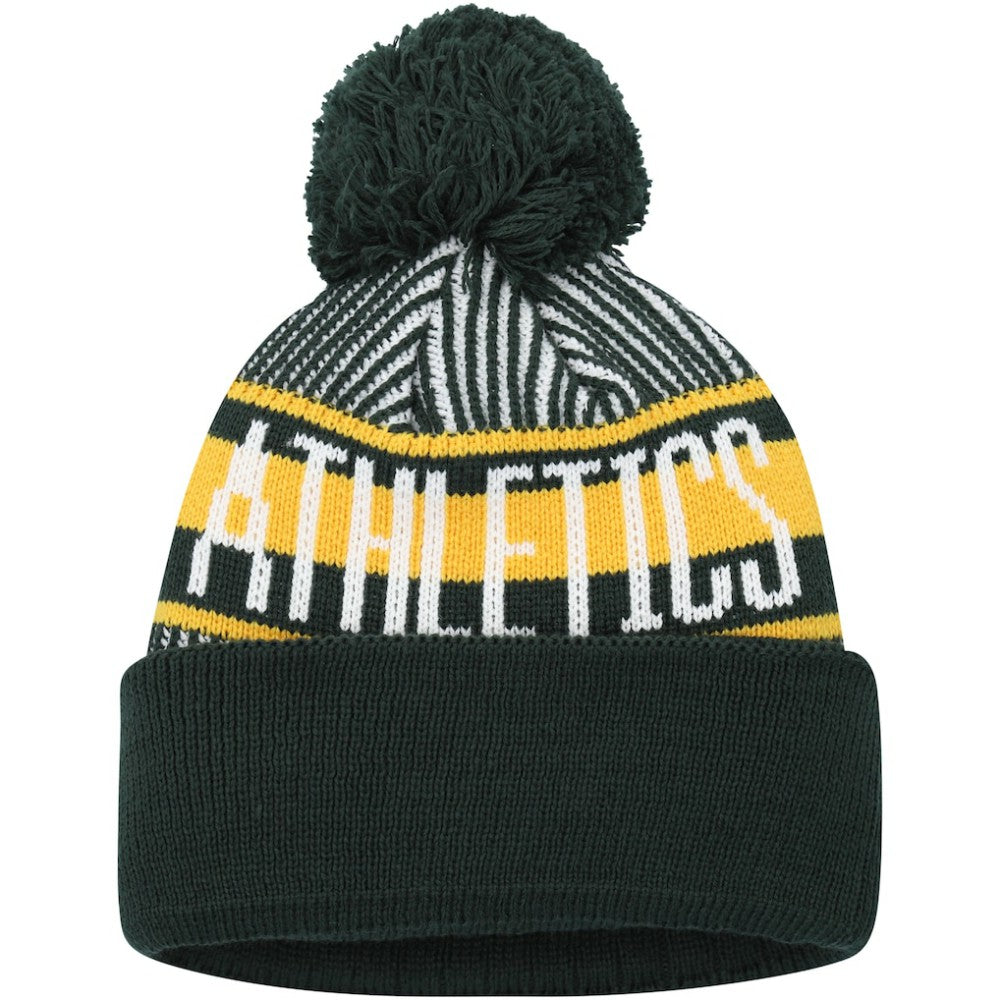 Athletics New Era Youth Striped Cuffed Knit Hat with Pom - Green Hats
