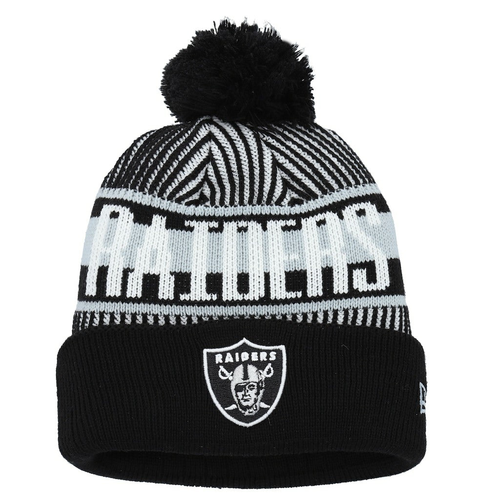 Las Vegas Raiders New Era Youth Striped Cuffed Knit Hat with Pom - Black Hats