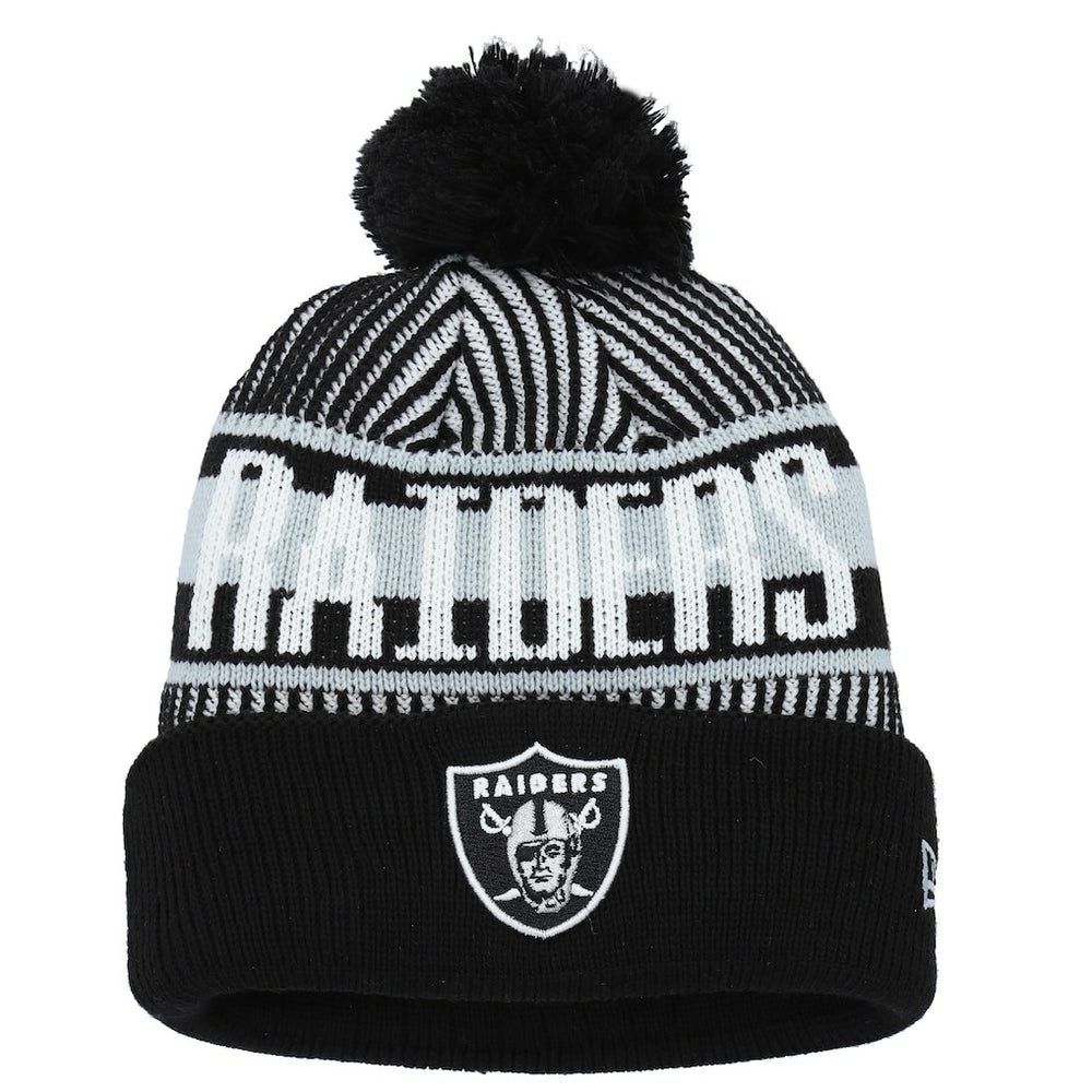 Las Vegas Raiders New Era Youth Striped Cuffed Knit Hat with Pom - Black Hats