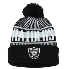 Las Vegas Raiders New Era Youth Striped Cuffed Knit Hat with Pom - Black Hats