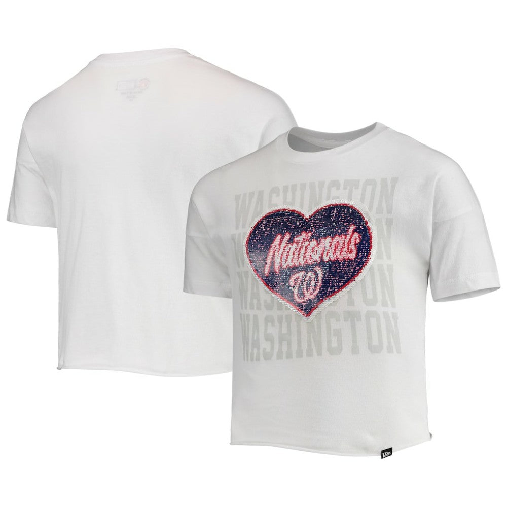 Washington Nationals New Era Girls Youth Flip Sequin Heart Crop Top - White Tops