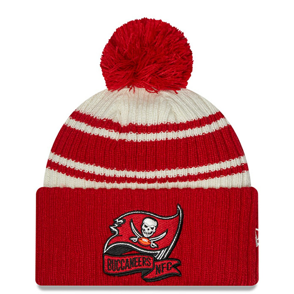 Tampa Bay Buccaneers New Era 2022 Sideline Sport Cuffed Pom Knit Hat - Cream/Red Hats