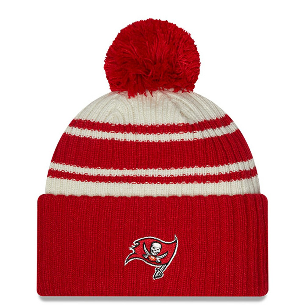 Tampa Bay Buccaneers New Era 2022 Sideline Sport Cuffed Pom Knit Hat - Cream/Red Hats