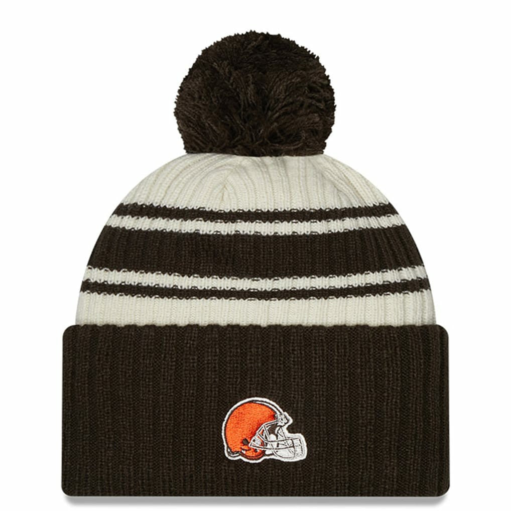 Cleveland Browns New Era 2022 Sideline Sport Cuffed Pom Knit Hat - Cream/Brown Hats