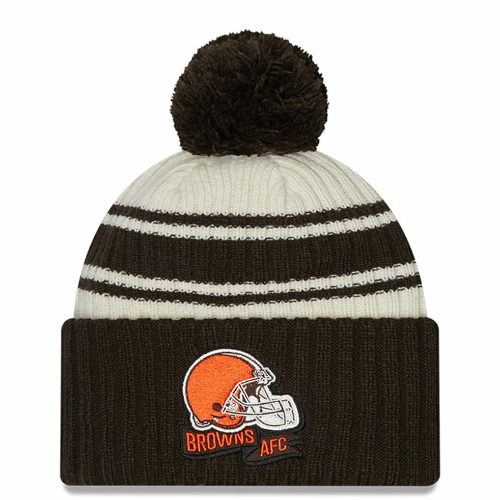 Cleveland Browns New Era Youth 2022 Sideline Sport Cuffed Pom Knit Hat - Cream/Brown Hats