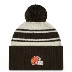 Cleveland Browns New Era Youth 2022 Sideline Sport Cuffed Pom Knit Hat - Cream/Brown Hats