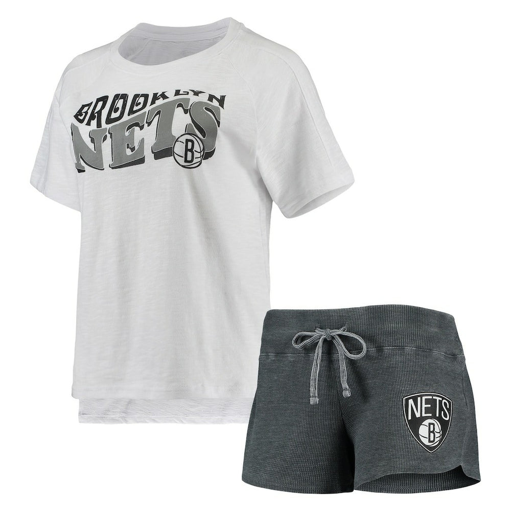 Brooklyn Nets Concepts Sport Women's Resurgence Slub Burnout Raglan Top & Shorts Sleep Set Charcoal/White