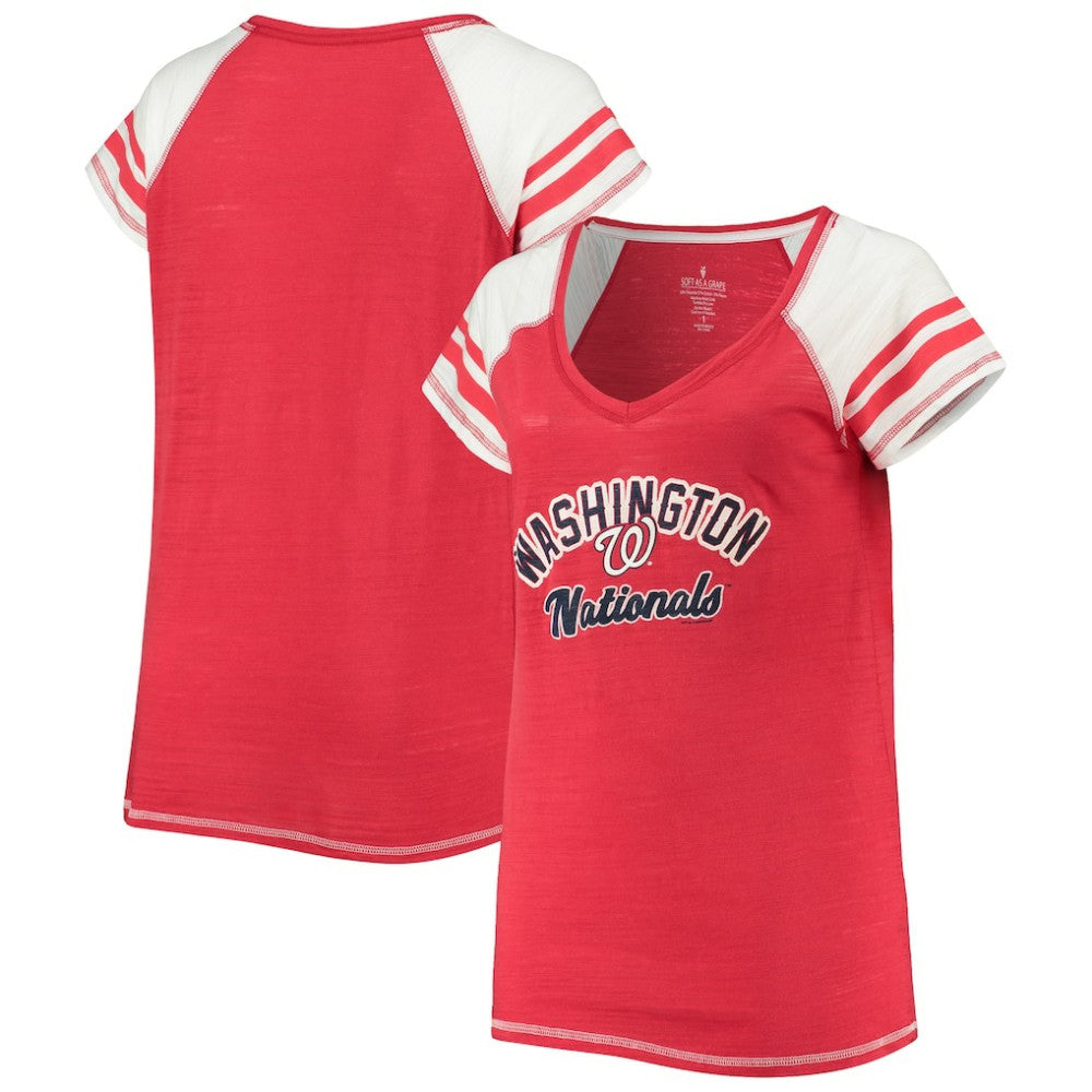 Washington Nationals Soft as a Grape Women's Curvy Color Block Tri-Blend Raglan V-Neck T-Shirt - Red T-shirts