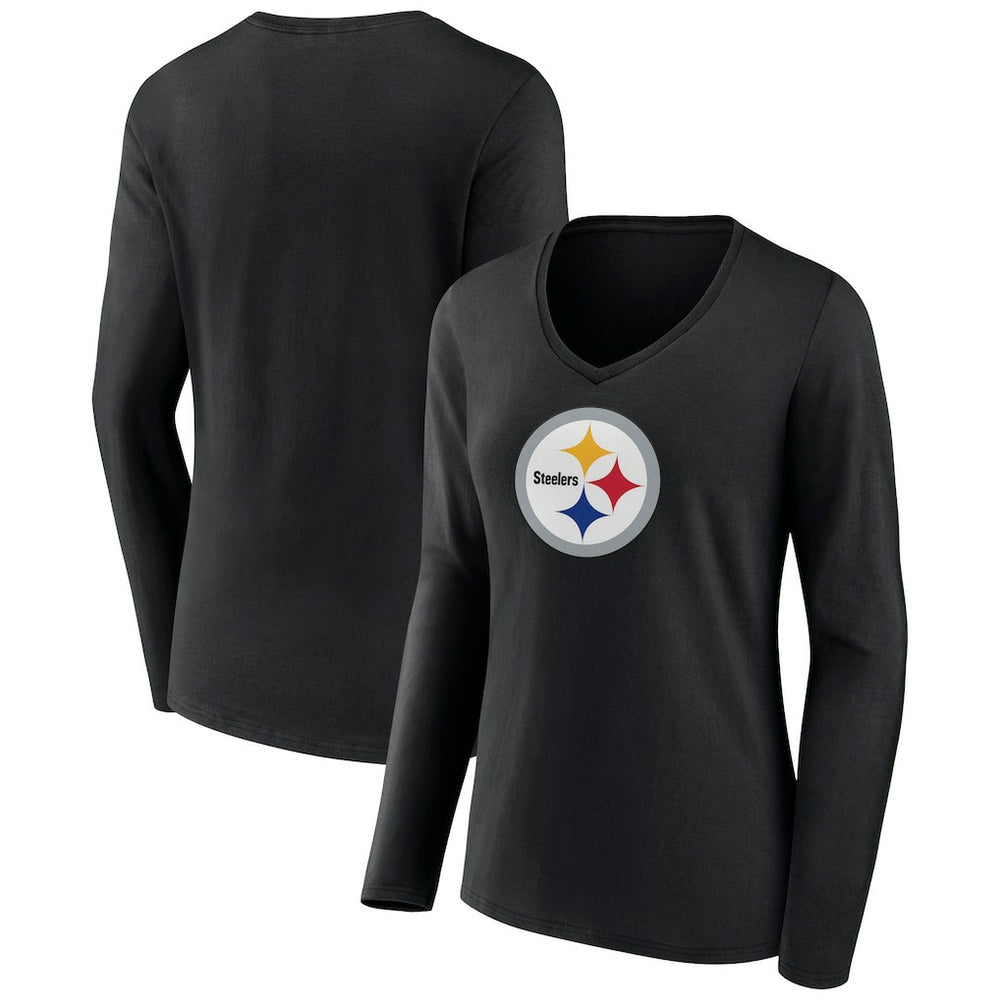Pittsburgh Steelers Women's Primary Team Logo Long Sleeve V-Neck T-Shirt - Black T-shirts