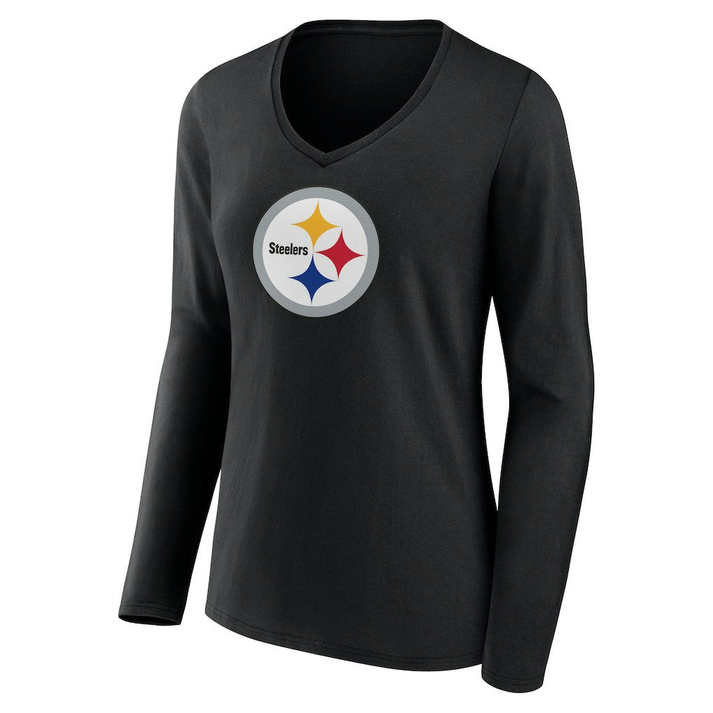 Pittsburgh Steelers Women's Primary Team Logo Long Sleeve V-Neck T-Shirt - Black T-shirts