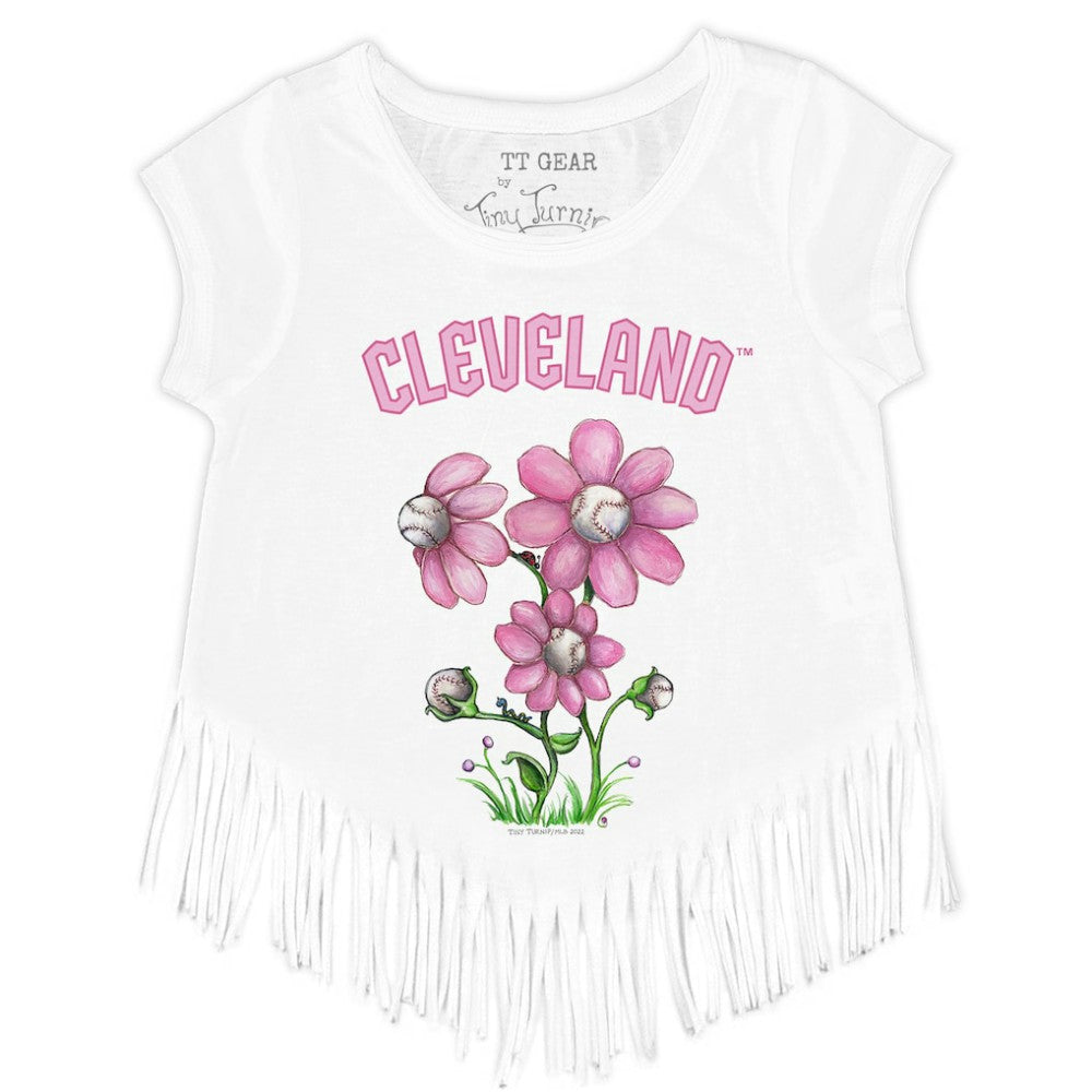 Cleveland Guardians Tiny Turnip Girls Youth Blooming Baseballs Fringe T-Shirt - White T-shirts