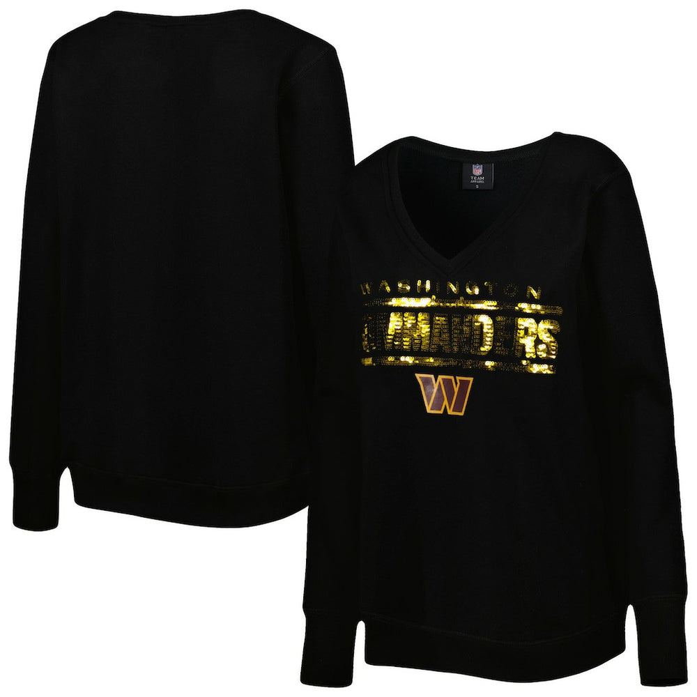 Washington Commanders Cuce Women's Sequin Logo V-Neck Pullover Sweatshirt - Black Pullover